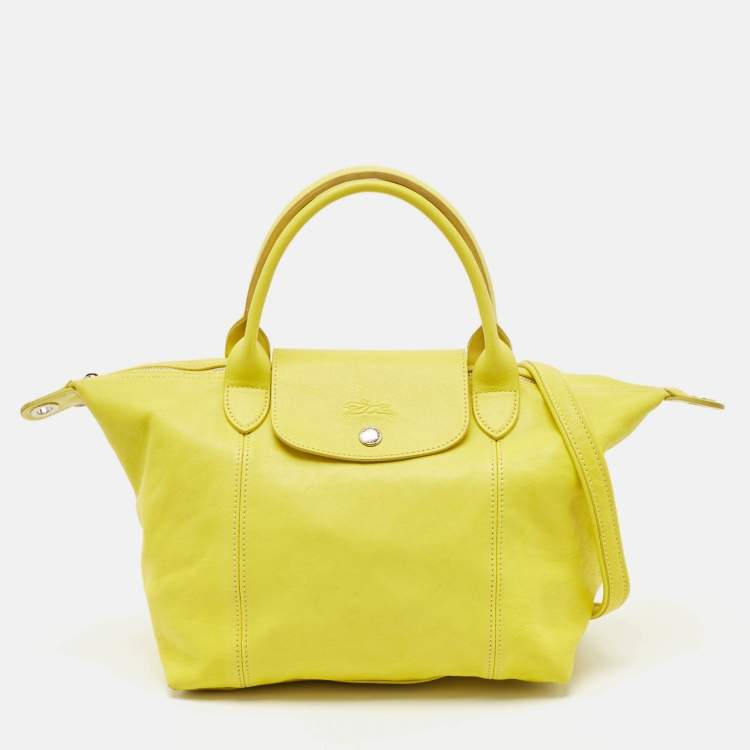 Pre Owned Longchamp Yellow Leather Small Le Pliage Tote