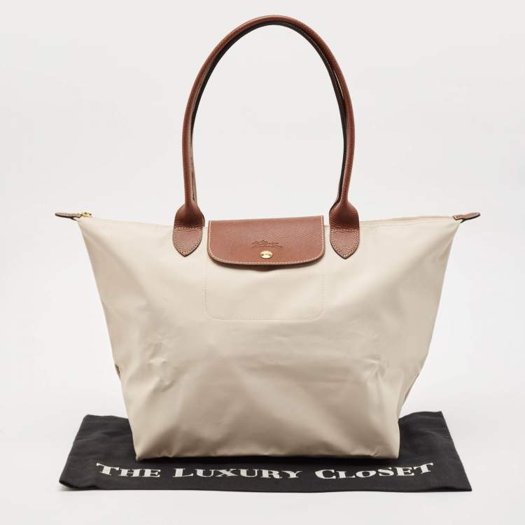 Pre Owned Longchamp Light Beige/Brown Nylon Large Le Pliage Tote
