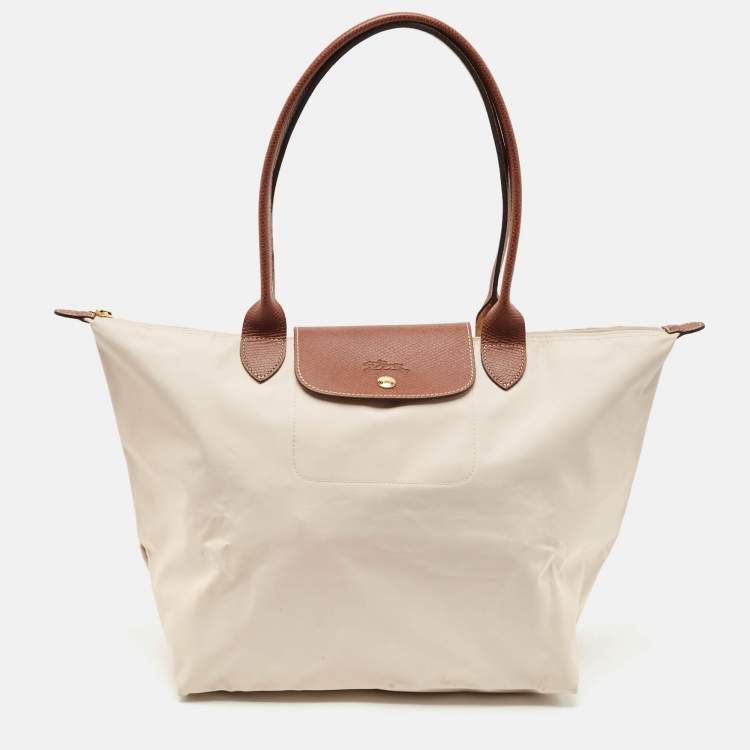 Pre Owned Longchamp Light Beige/Brown Nylon Large Le Pliage Tote