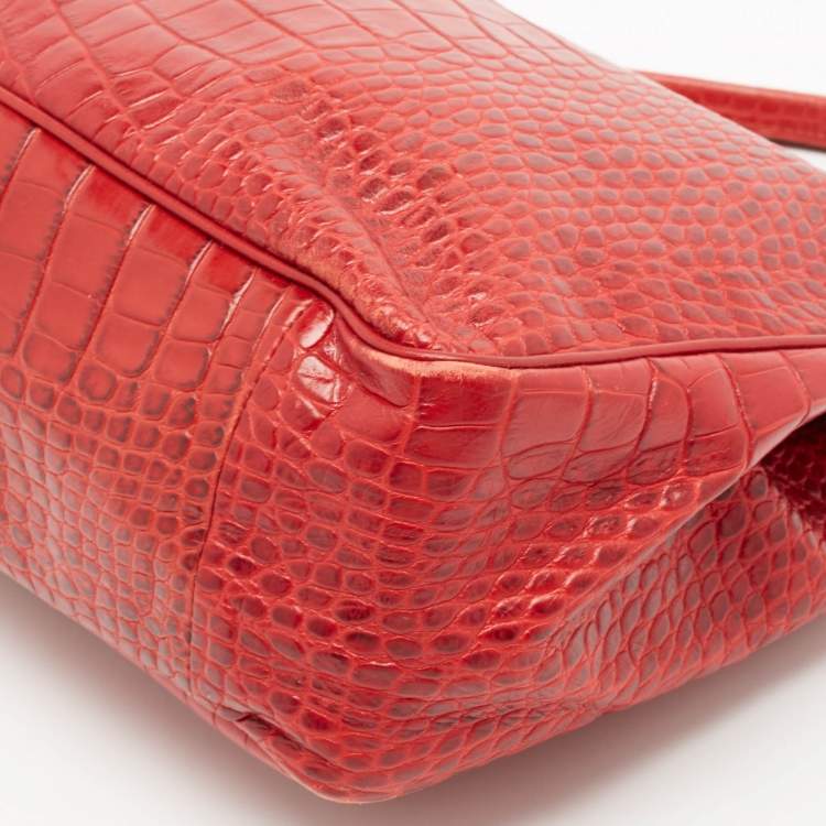 Pre Owned Longchamp Red Croc Embossed Leather Roseau Tote