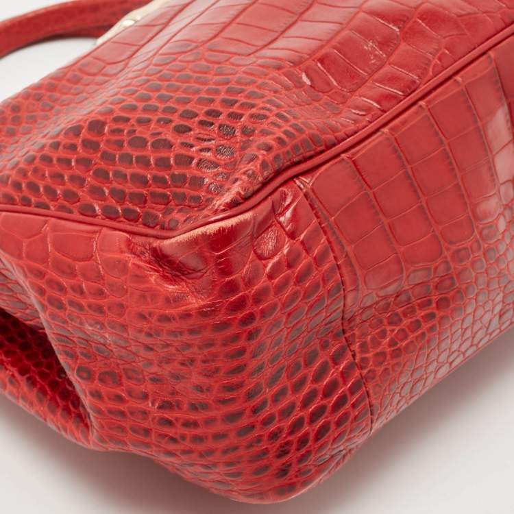 Pre Owned Longchamp Red Croc Embossed Leather Roseau Tote