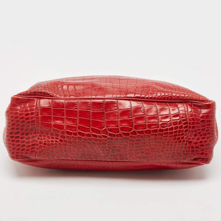 Pre Owned Longchamp Red Croc Embossed Leather Roseau Tote