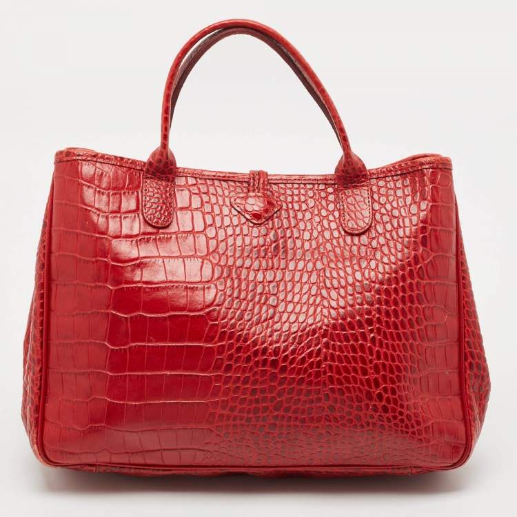 Pre Owned Longchamp Red Croc Embossed Leather Roseau Tote