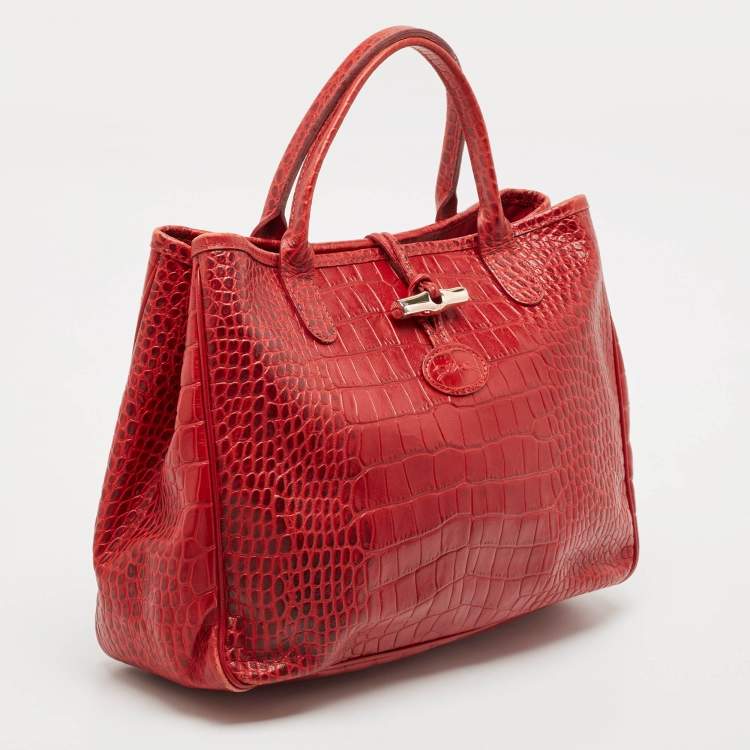 Pre Owned Longchamp Red Croc Embossed Leather Roseau Tote