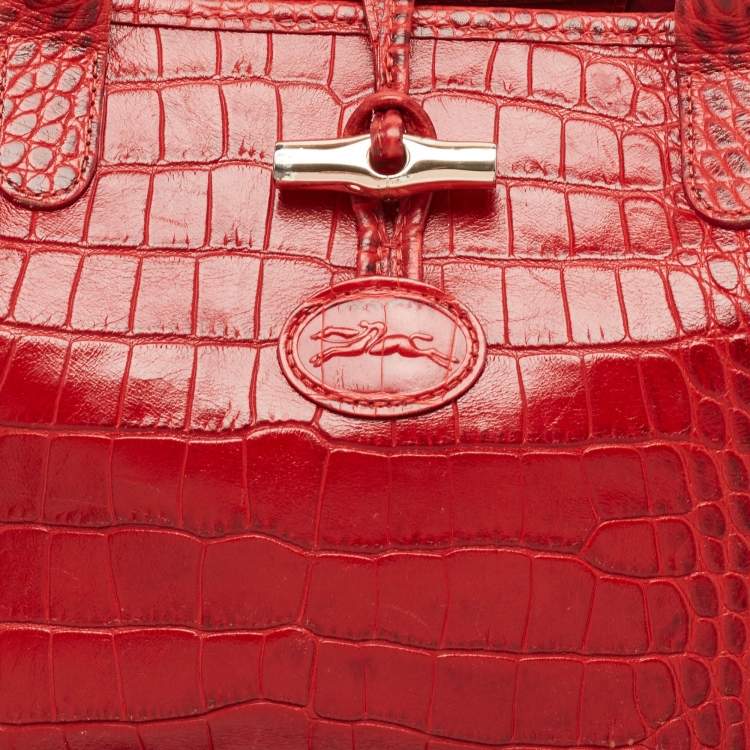 Pre Owned Longchamp Red Croc Embossed Leather Roseau Tote