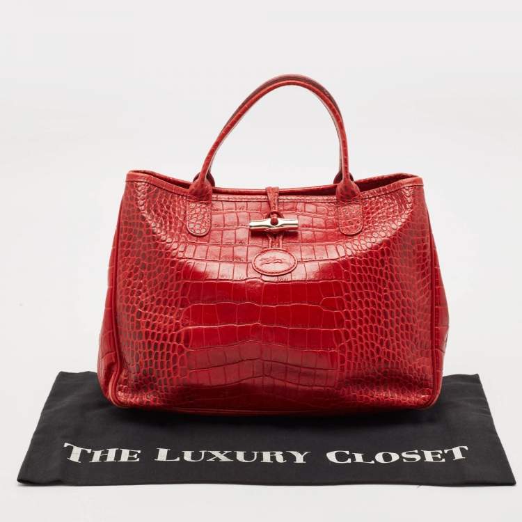 Pre Owned Longchamp Red Croc Embossed Leather Roseau Tote