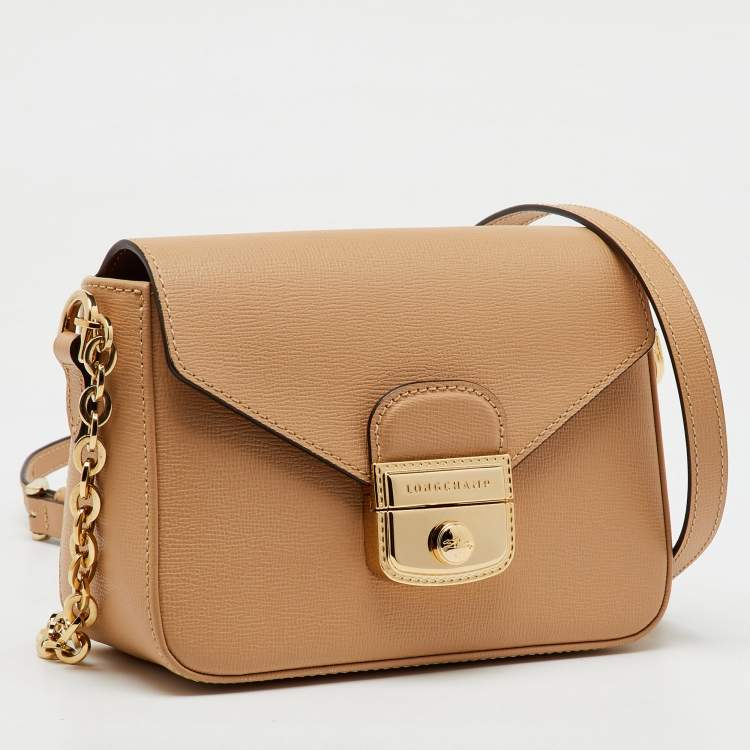 Pre Owned Longchamp Beige Leather Le Pliage Heritage Flap Crossbody Bag