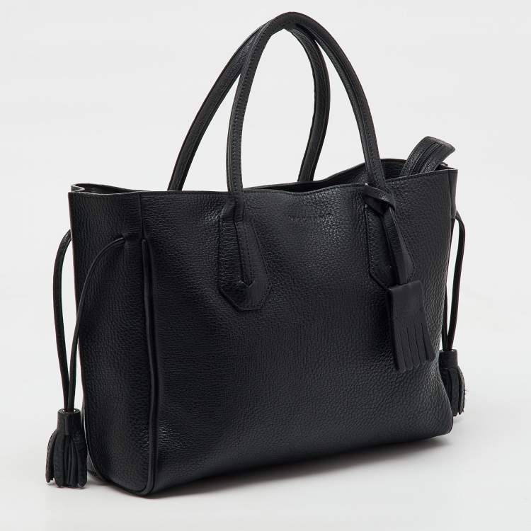 Pre Owned Longchamp Black Leather Tassel Detail Zip Tote