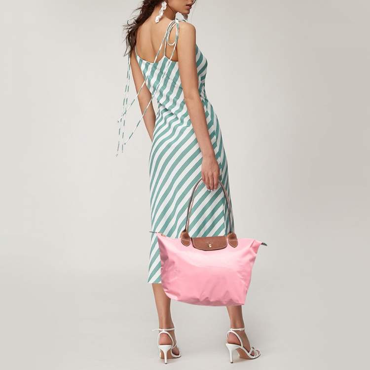 Pre Owned Longchamp Pink/Brown Nylon and Leather Le Pliage Tote