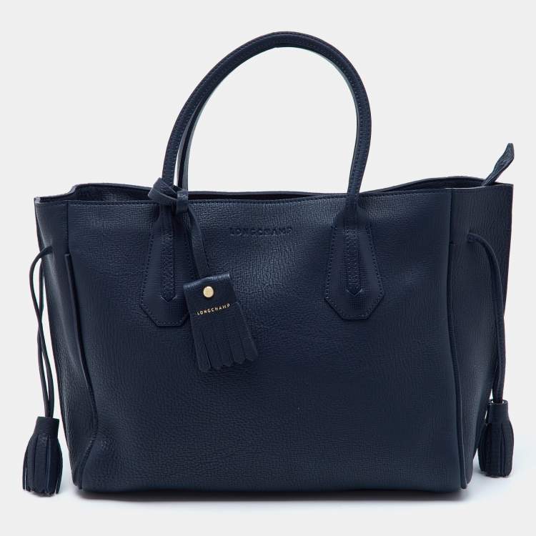 Pre Owned Longchamp Navy Blue Leather Tassel Detail Zip Tote
