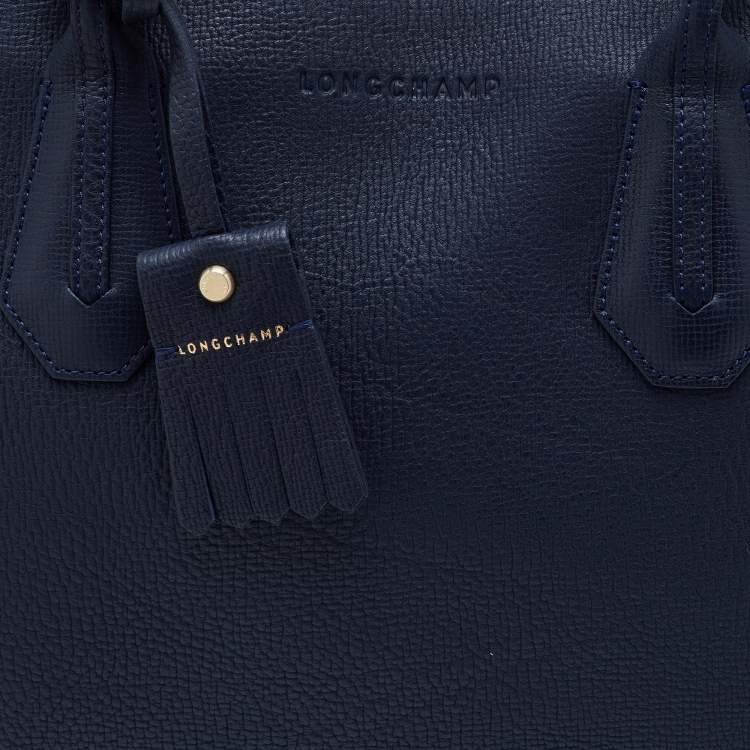 Pre Owned Longchamp Navy Blue Leather Tassel Detail Zip Tote