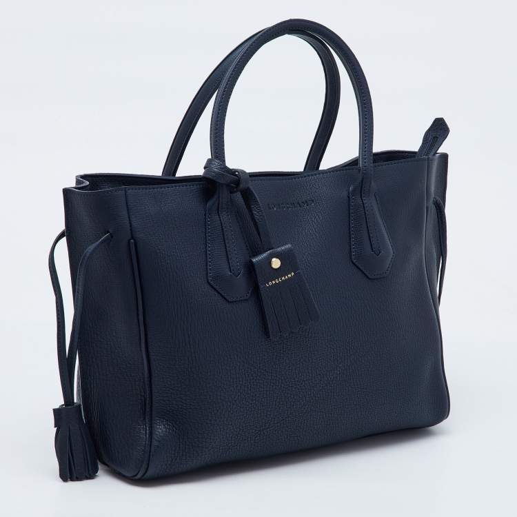 Pre Owned Longchamp Navy Blue Leather Tassel Detail Zip Tote