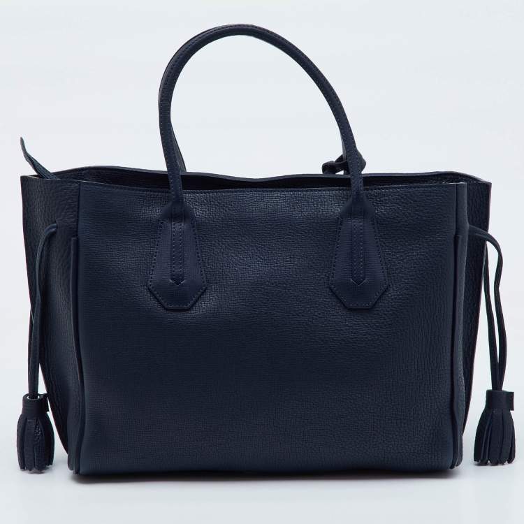 Pre Owned Longchamp Navy Blue Leather Tassel Detail Zip Tote