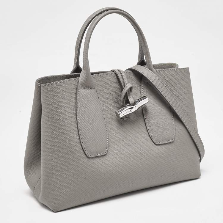 Pre Owned Longchamp Grey Leather Roseau Tote