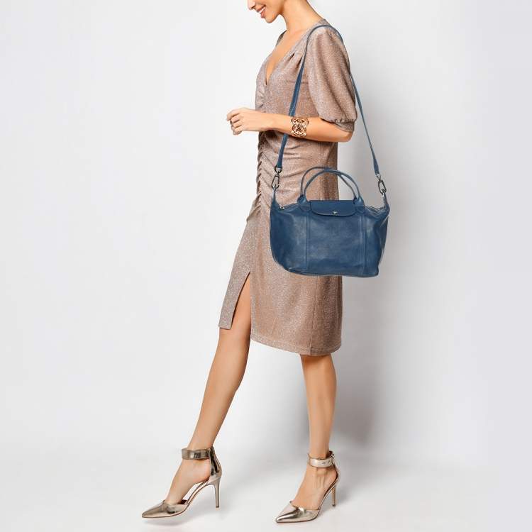 Pre Owned Longchamp Blue Leather Le Pliage Tote