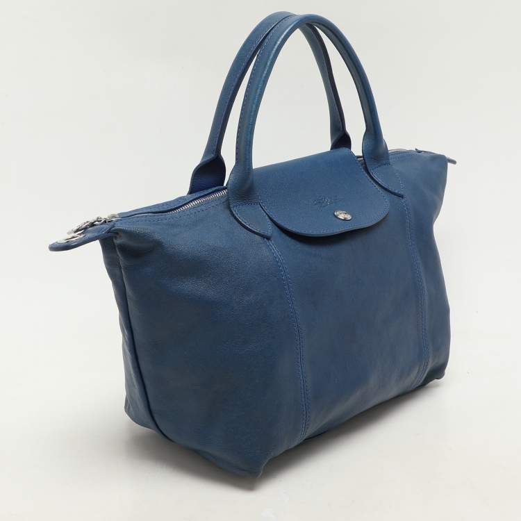 Pre Owned Longchamp Blue Leather Le Pliage Tote