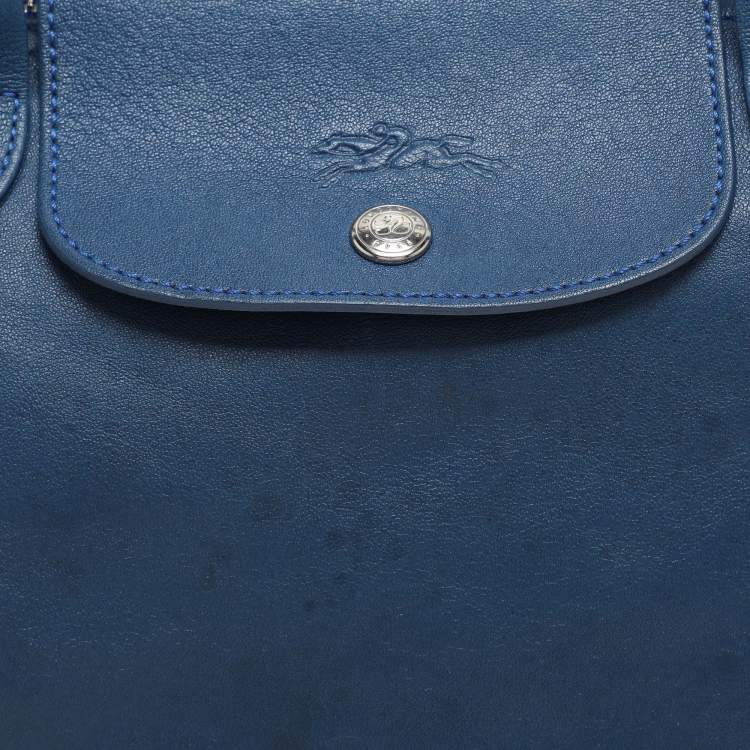 Pre Owned Longchamp Blue Leather Le Pliage Tote