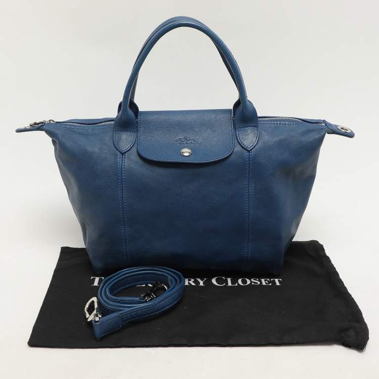 Pre Owned Longchamp Blue Leather Le Pliage Tote