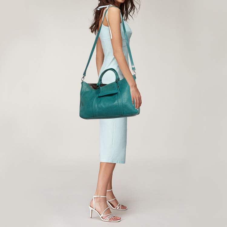 Pre Owned Longchamp Green Leather Large 3D Top Handle Bag