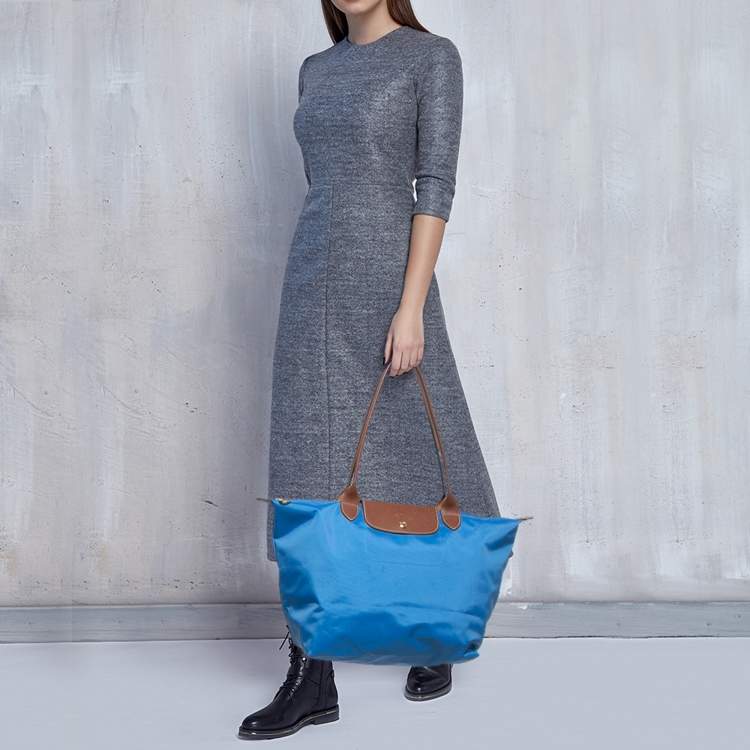 Pre Owned Longchamp Blue/Brown Nylon Large Le Pliage Tote
