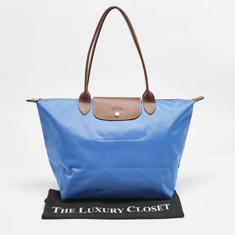 Pre Owned Longchamp Blue/Brown Nylon Large Le Pliage Tote