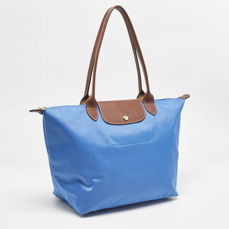 Pre Owned Longchamp Blue/Brown Nylon Large Le Pliage Tote