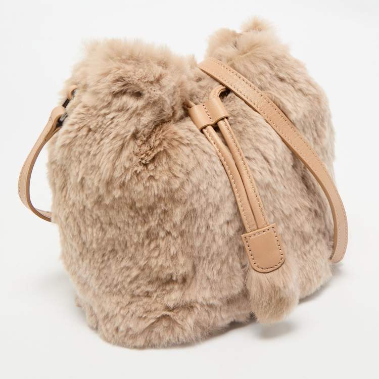 Pre Owned Longchamp Beige Faux Fur and Leather Give Me A Hug Bucket Bag