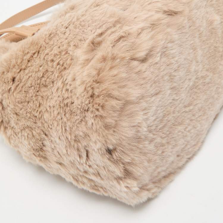 Pre Owned Longchamp Beige Faux Fur and Leather Give Me A Hug Bucket Bag