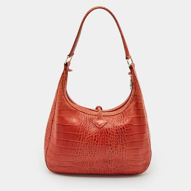 Pre Owned Longchamp Burnt Orange Croc Embossed Leather Roseau Shoulder Bag