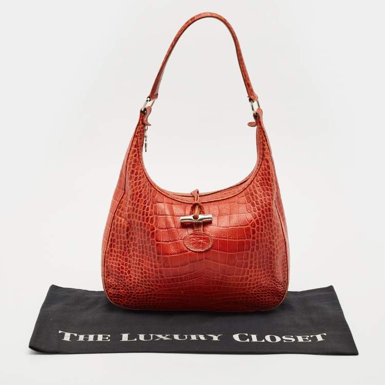 Pre Owned Longchamp Burnt Orange Croc Embossed Leather Roseau Shoulder Bag