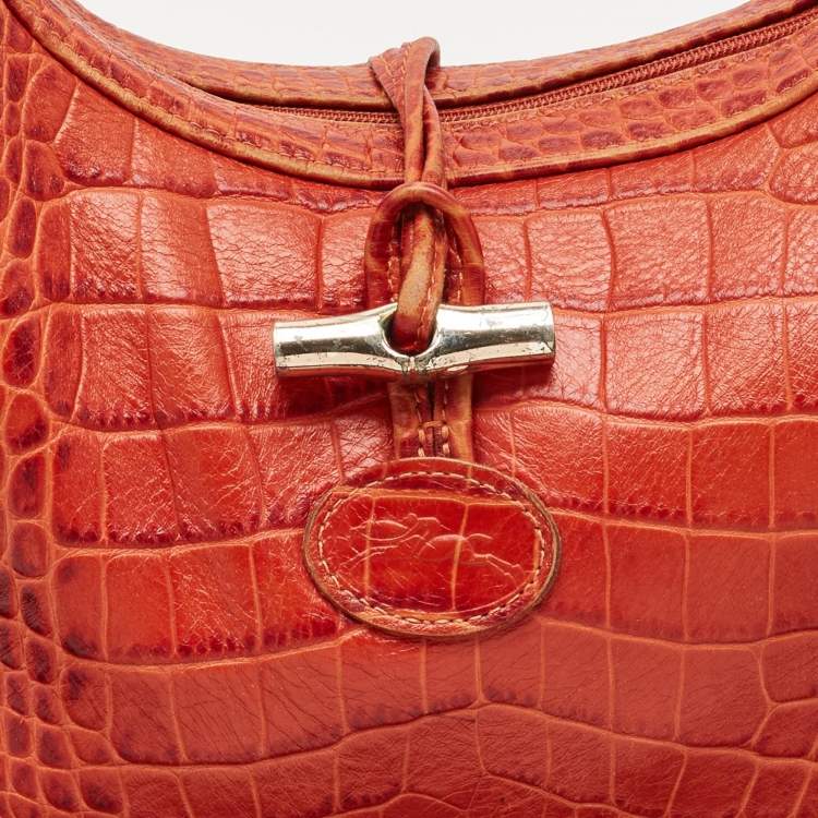 Pre Owned Longchamp Burnt Orange Croc Embossed Leather Roseau Shoulder Bag