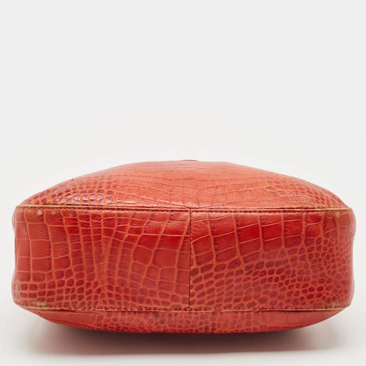 Pre Owned Longchamp Burnt Orange Croc Embossed Leather Roseau Shoulder Bag