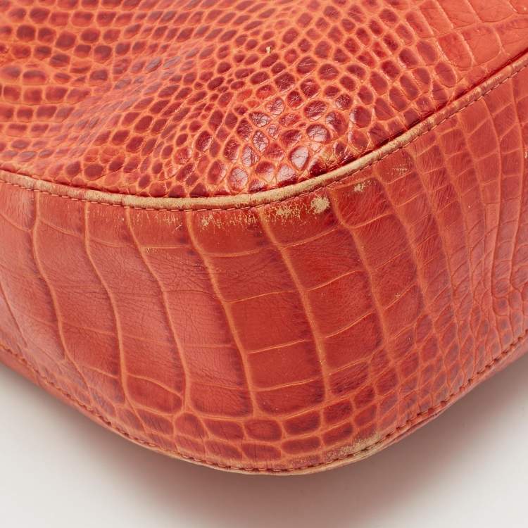Pre Owned Longchamp Burnt Orange Croc Embossed Leather Roseau Shoulder Bag