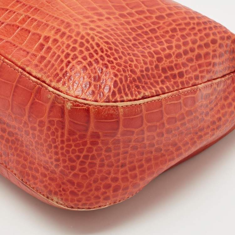 Pre Owned Longchamp Burnt Orange Croc Embossed Leather Roseau Shoulder Bag