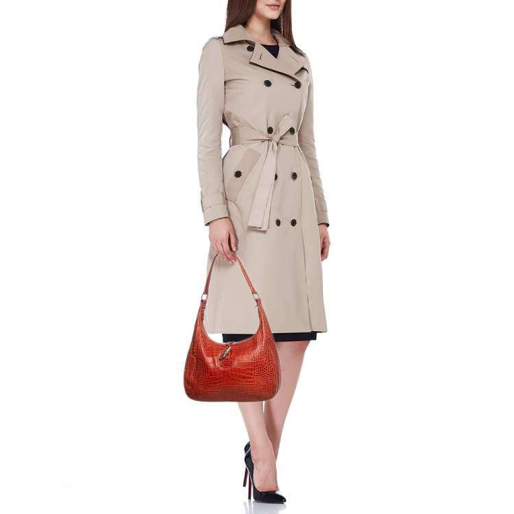 Pre Owned Longchamp Burnt Orange Croc Embossed Leather Roseau Shoulder Bag