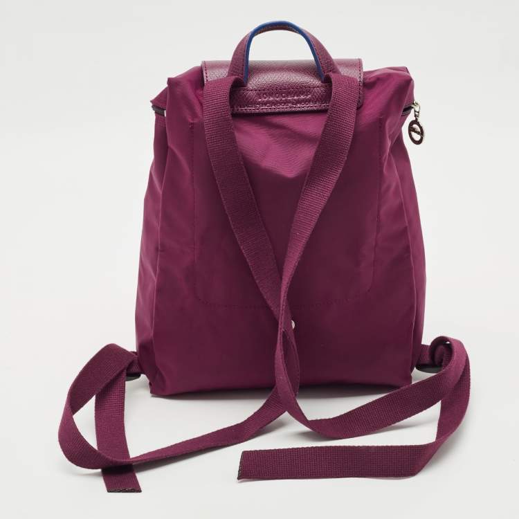Pre Owned Longchamp Purple Leather and Nylon Flap Backpack