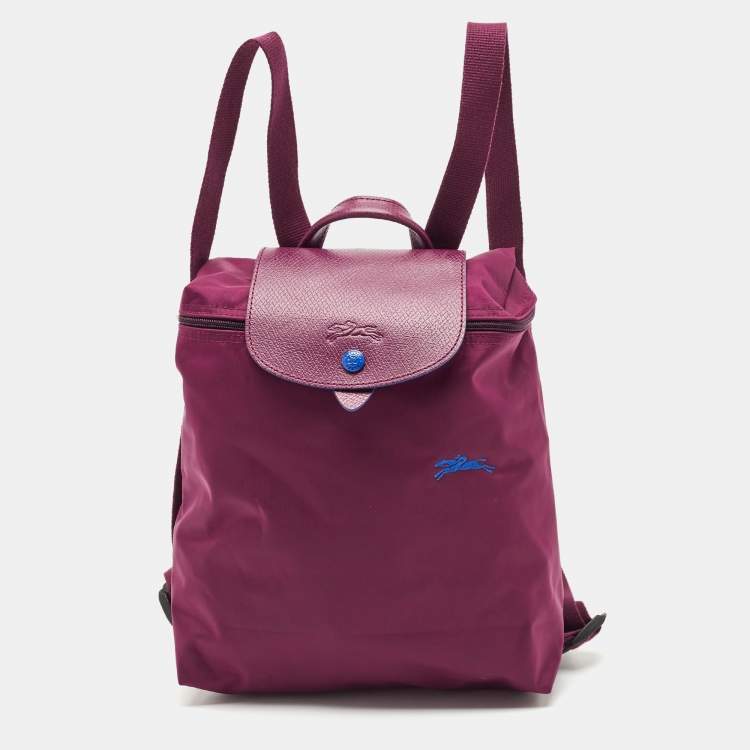 Pre Owned Longchamp Purple Leather and Nylon Flap Backpack