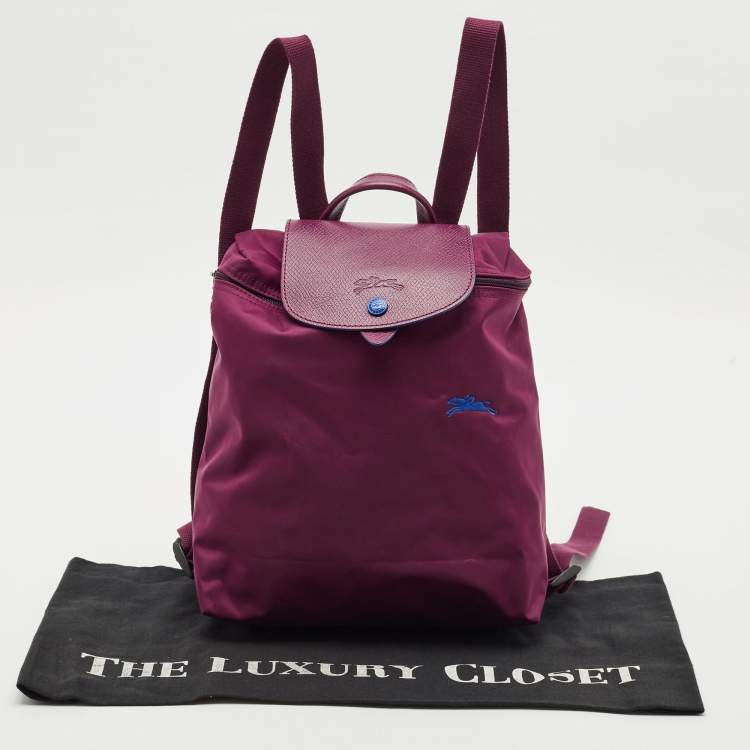 Pre Owned Longchamp Purple Leather and Nylon Flap Backpack