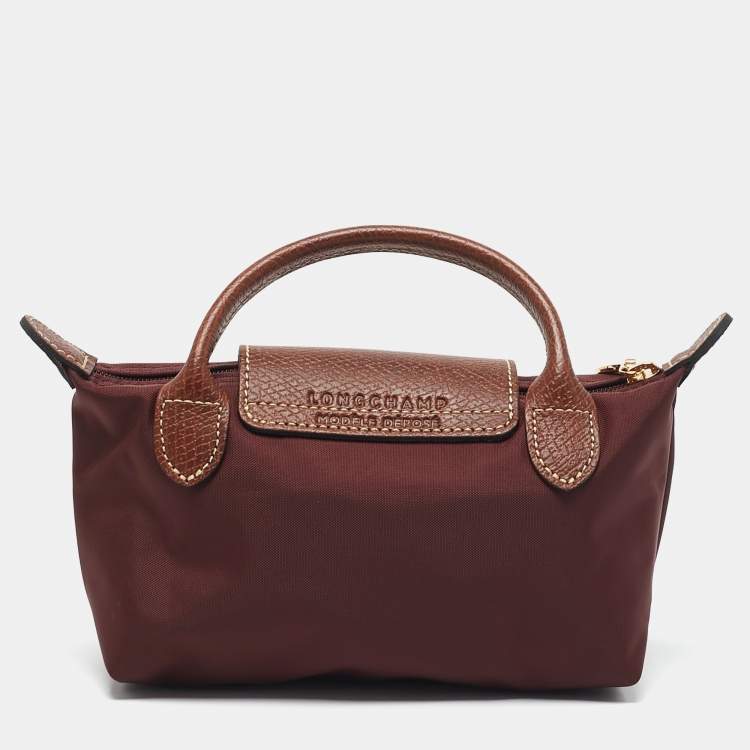 Pre Owned Longchamp Burgundy Leather and Nylon Le Pliage Pouch