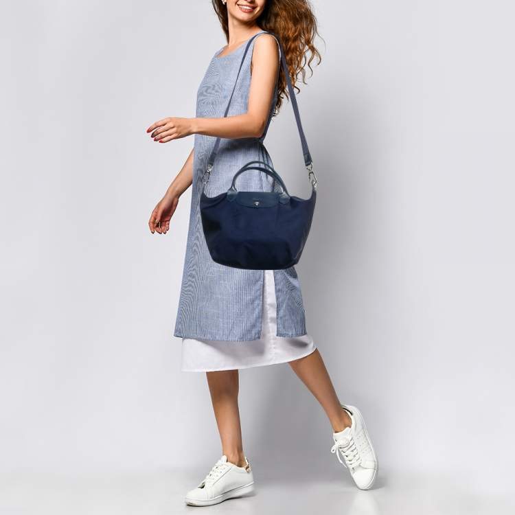 Pre Owned Longchamp Navy Blue Leather Le Pliage Tote