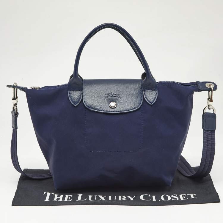 Pre Owned Longchamp Navy Blue Leather Le Pliage Tote