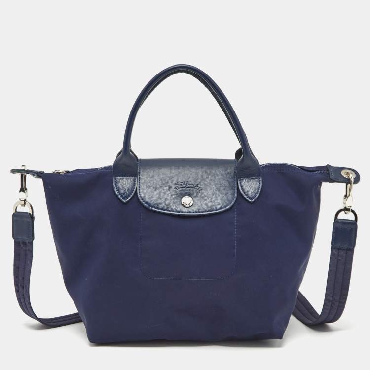 Pre Owned Longchamp Navy Blue Leather Le Pliage Tote