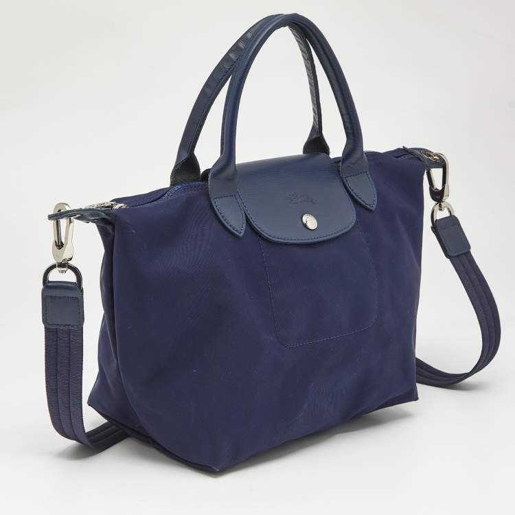 Pre Owned Longchamp Navy Blue Leather Le Pliage Tote