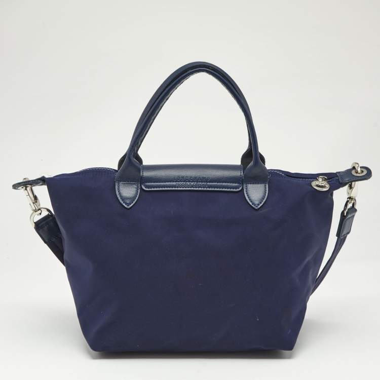 Pre Owned Longchamp Navy Blue Leather Le Pliage Tote