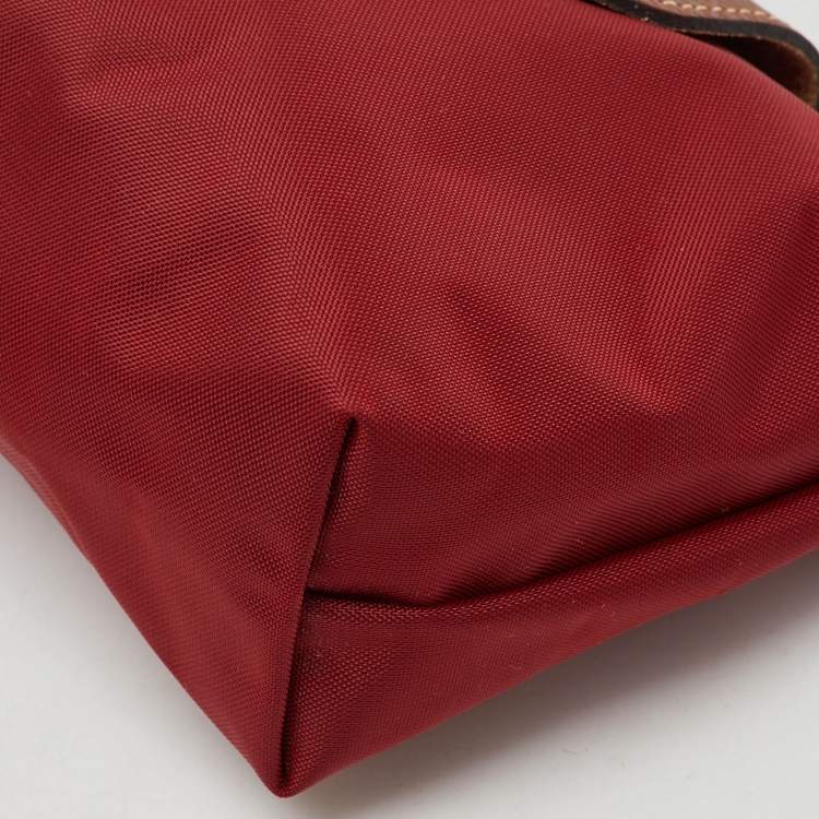Pre Owned Longchamp Dark Red/Brown Nylon and Leather Le Pliage Handle Pouch
