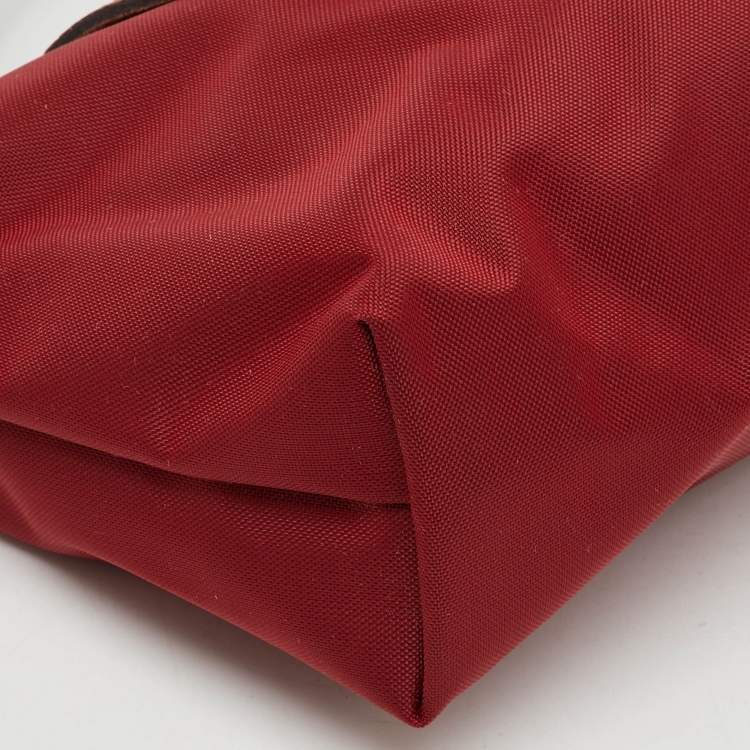 Pre Owned Longchamp Dark Red/Brown Nylon and Leather Le Pliage Handle Pouch