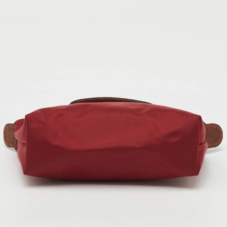 Pre Owned Longchamp Dark Red/Brown Nylon and Leather Le Pliage Handle Pouch