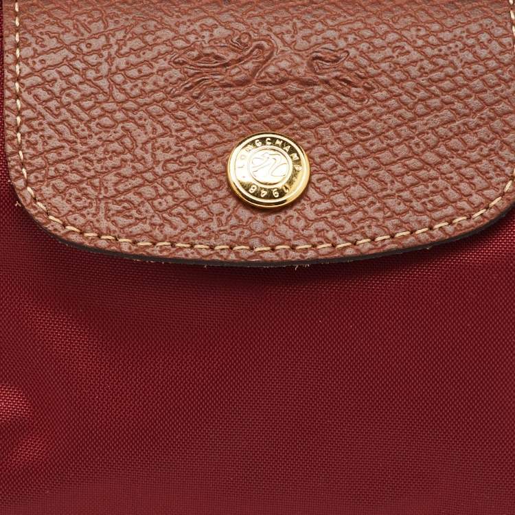 Pre Owned Longchamp Dark Red/Brown Nylon and Leather Le Pliage Handle Pouch