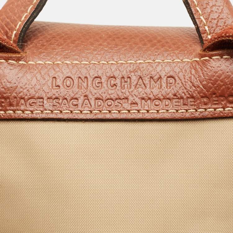 Pre Owned Longchamp Beige/Brown Nylon and Leather Le Pliage Backpack