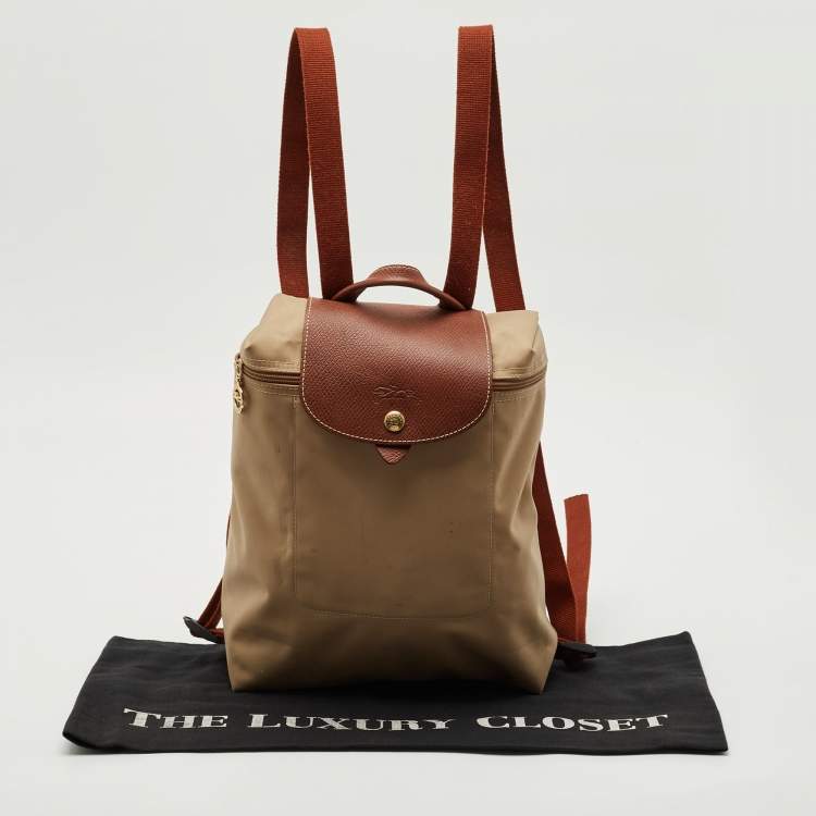 Pre Owned Longchamp Beige/Brown Nylon and Leather Le Pliage Backpack